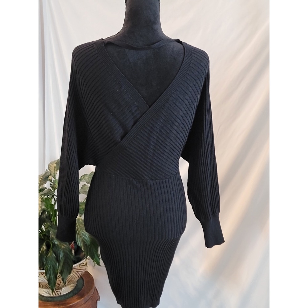 Love Tree Ribbed Knit Wrap V-Neck Dolman Sleeve Bodycon Sweater Dress Small